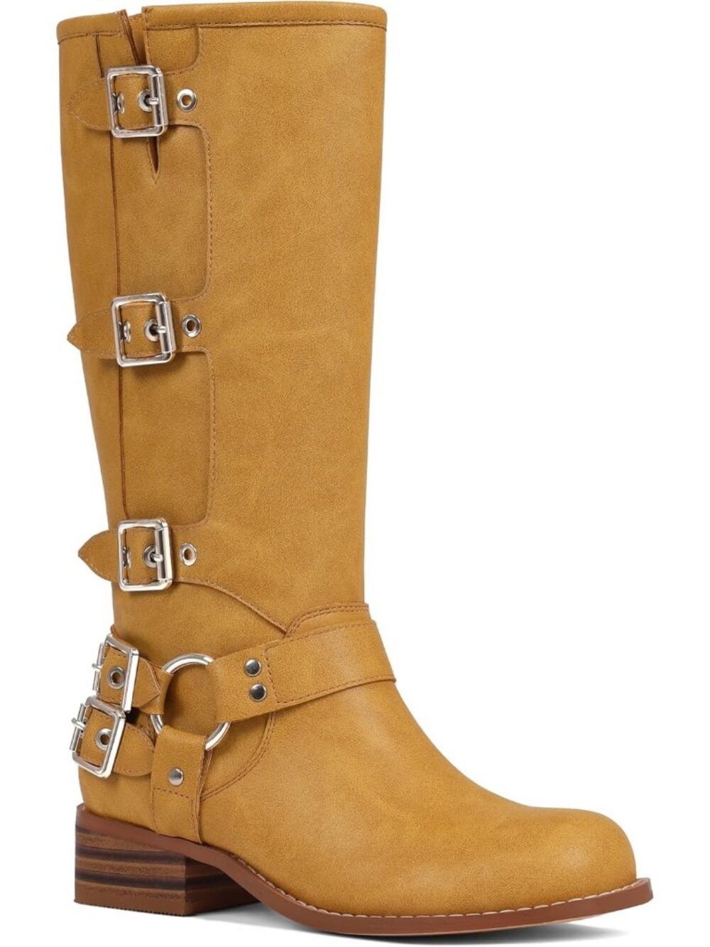 Women's Yellow Pull On Wide Calf Riding Buckles Chunky Metallic Knee High Boot